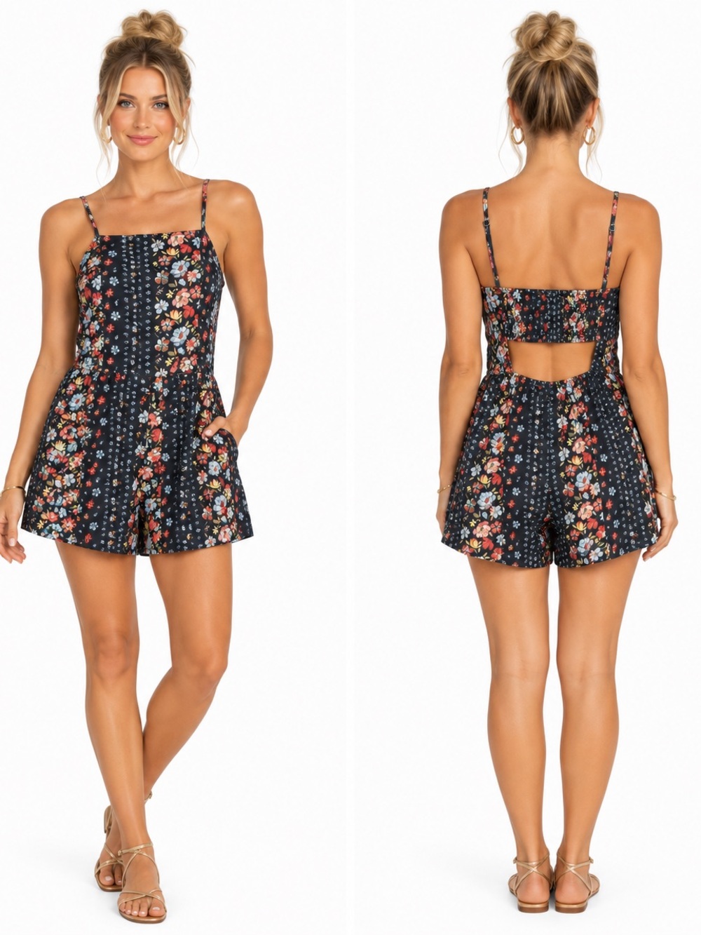 Abercrombie & Fitch Navy Floral romper Dress Multicolor Print pocket smocked L